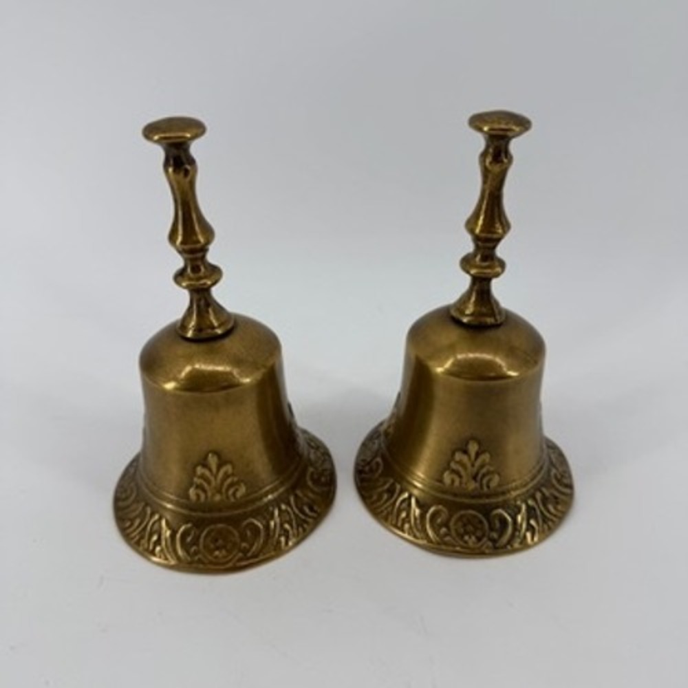 Vintage Brass Hand Bells Set of 2 Embossed Floral Victorian Decor 5.75 inch